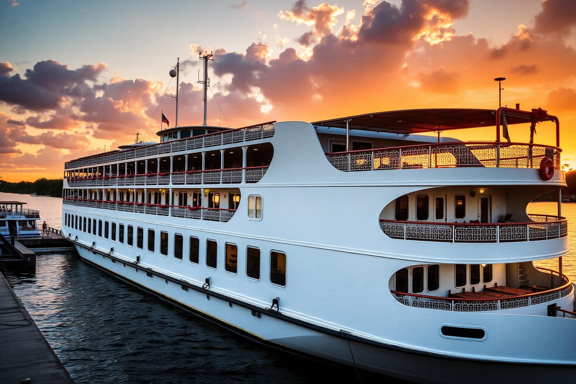 Ferry boat amazônico atracado no Porto de Manaus ao pôr do sol